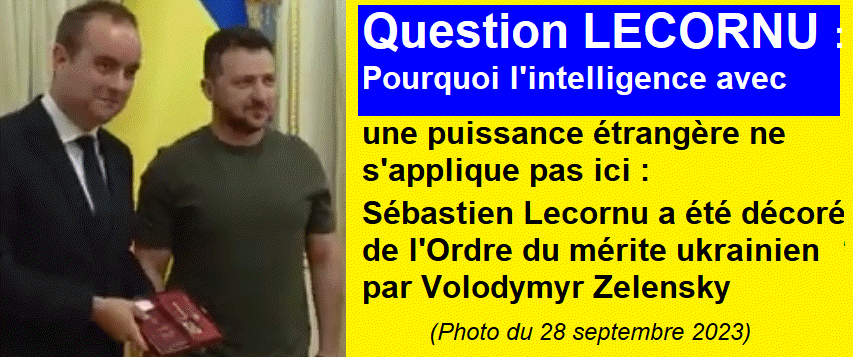 Sébastien Lecornu a été décoré de l'Ordre du mérite ukrainien par Volodymyr Zelensky le 28 septembre 2023, à Kiev en Ukraine.