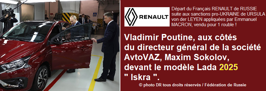 Vladimir Poutine, aux côtés du directeur général de la société par actions AvtoVAZ, Maxim Sokolov, devant le modèle Lada Iskra 2025.